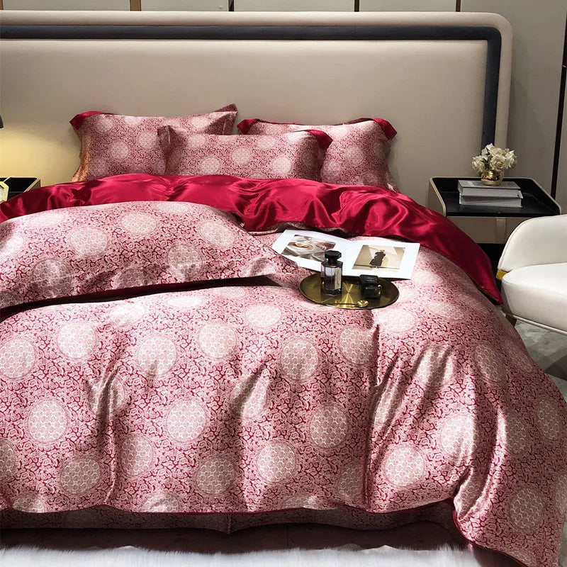 Parure en soie imprimée rouge ou bleu brun