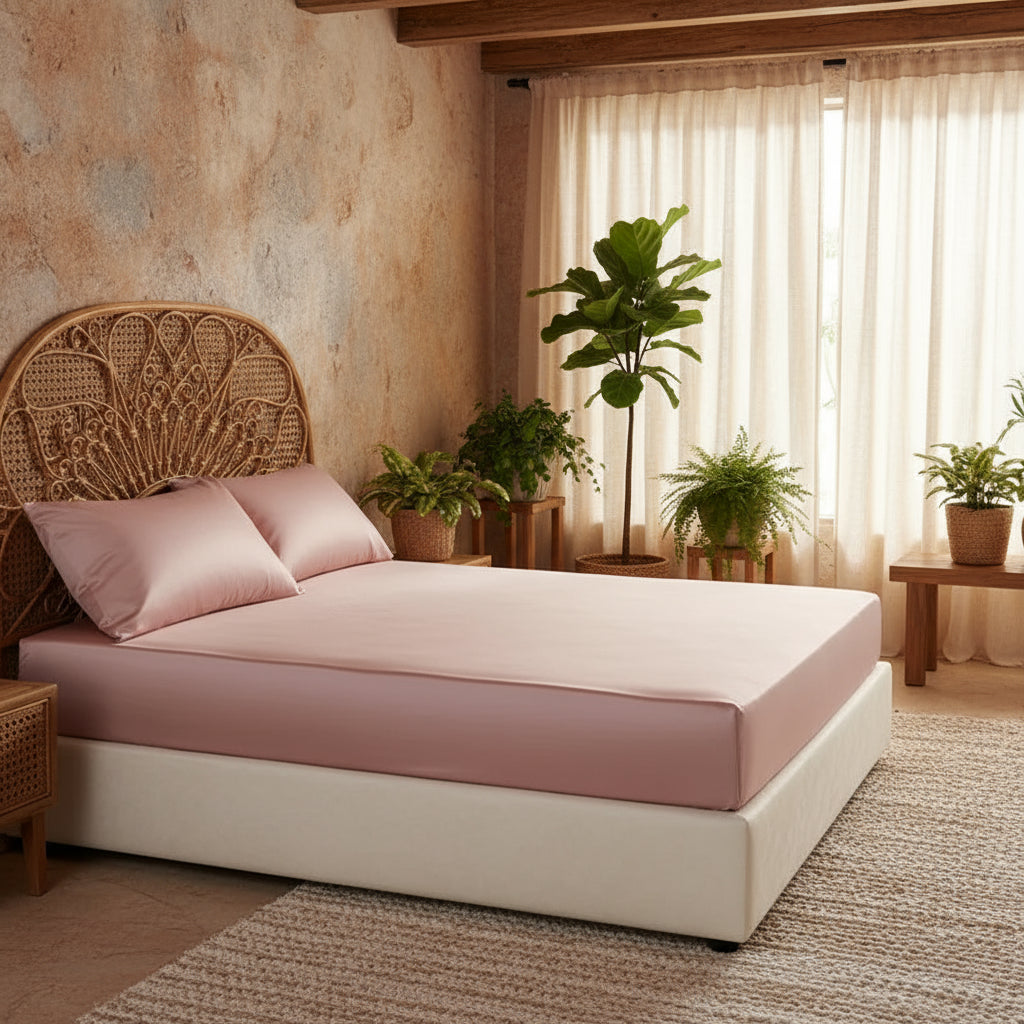 Drap housse en soie parfaitement tendu sans plis ni froissements ROSE