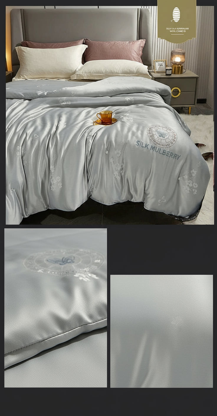 Lit double avec couette d’hiver en soie de mûrier gris 