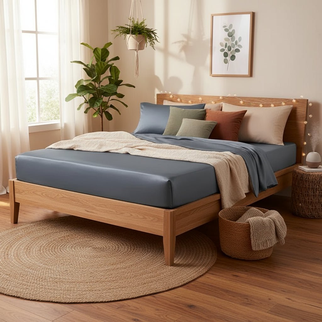 Drap housse en soie de mûrier pour une chambre élégante et raffinée BLEU