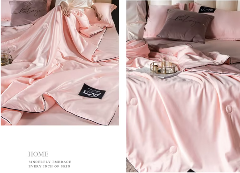 Couette d’été haut de gamme en soie de mûrier aux finitions luxueuses rose 