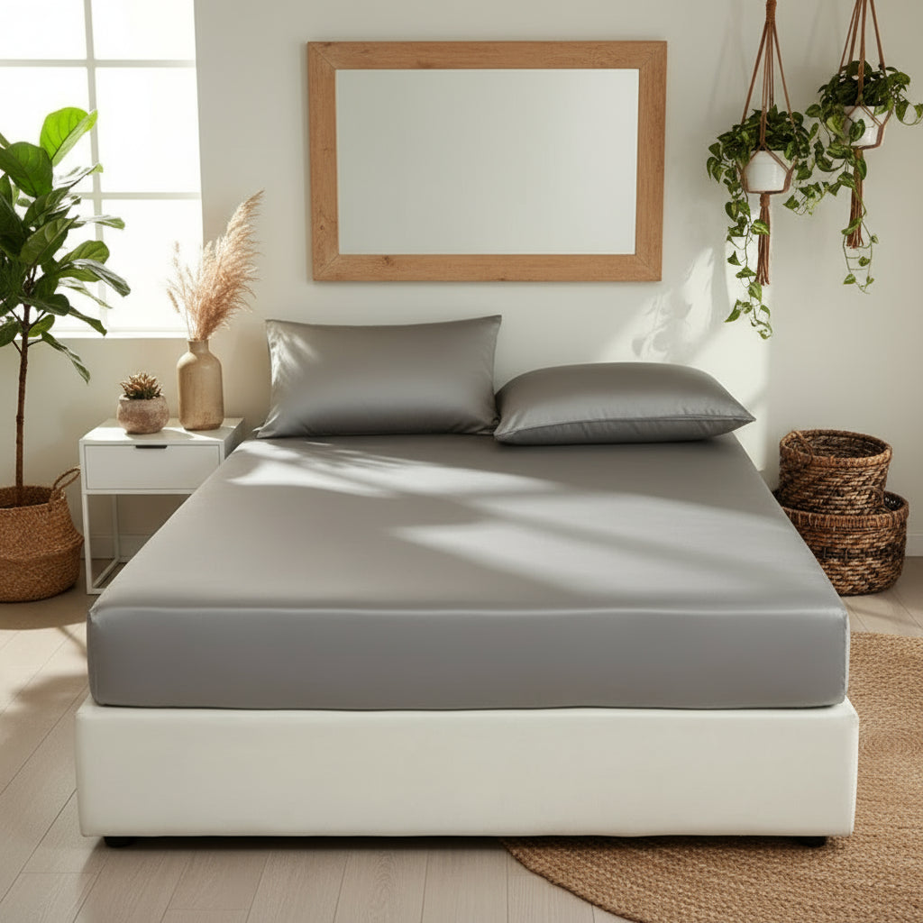 Drap housse en soie naturelle adapté aux peaux sensibles et réactives GRIS