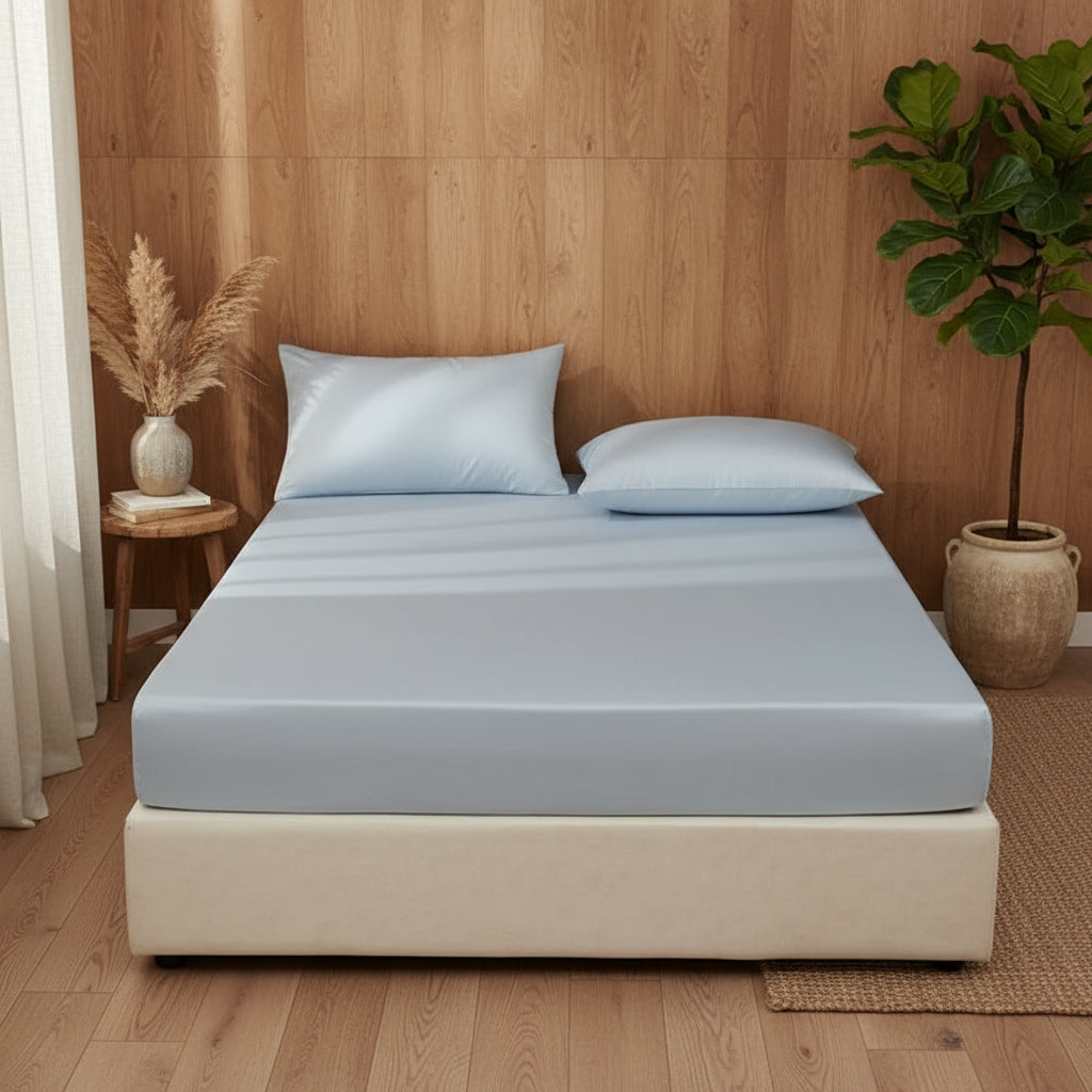 Drap housse en soie de mûrier taille Single pour lit une personne BLEU 