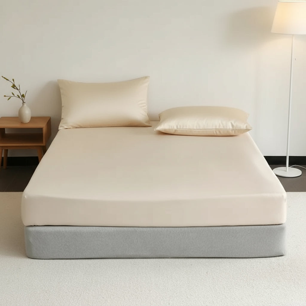 Drap housse en soie de mûrier parfaitement ajusté sur lit double BLANC