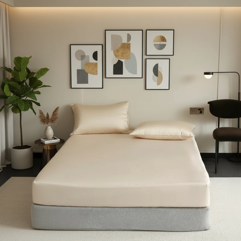 Drap housse en soie de mûrier au design minimaliste et luxueux BEIGE 