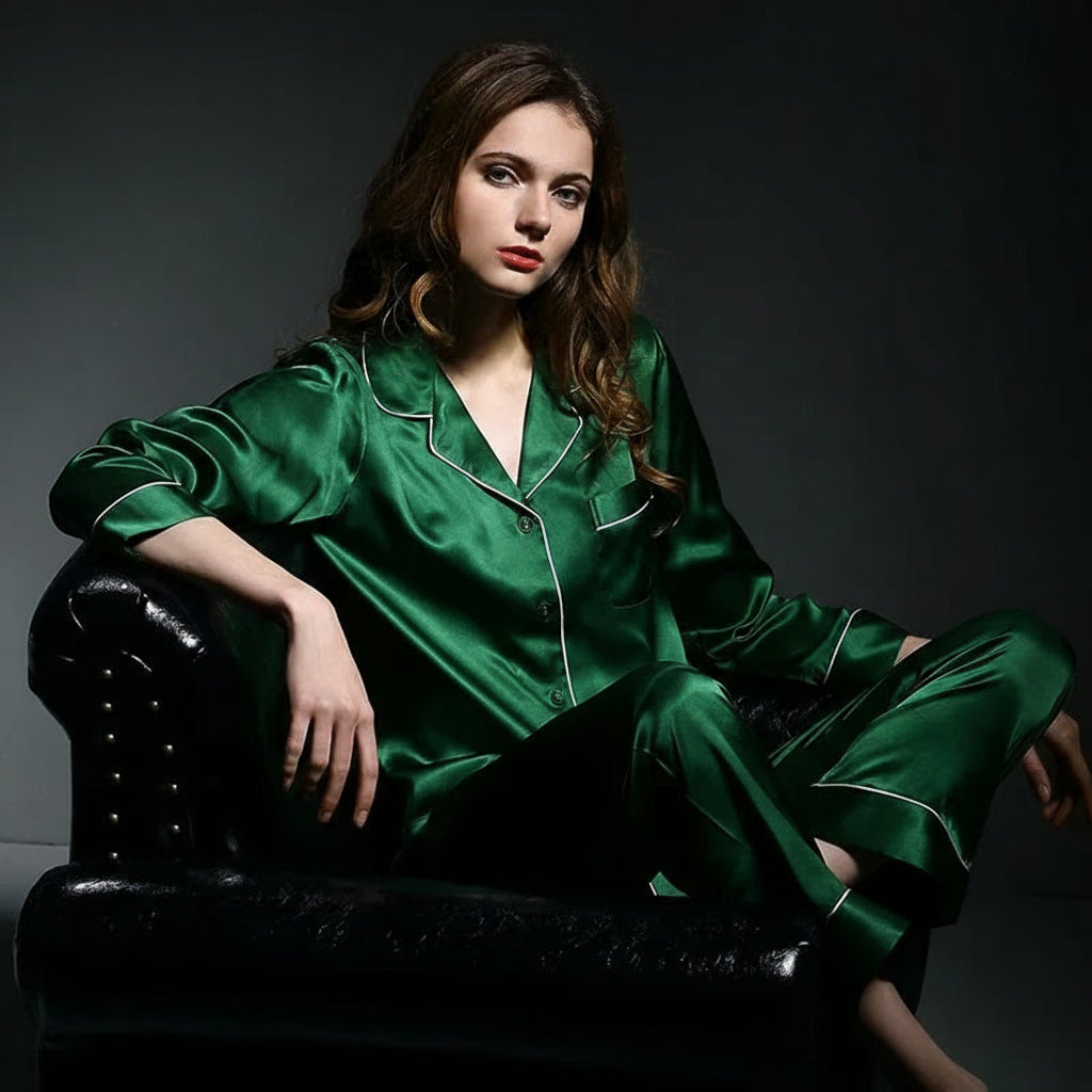 Ensemble nuit femme soie Mulberry pantalon et haut vert