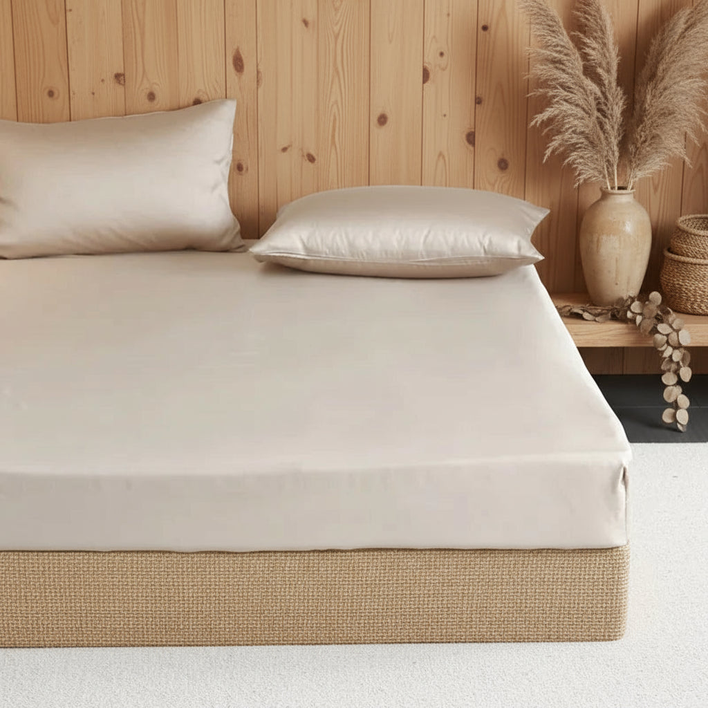 Drap housse en soie facile à entretenir avec lavage délicat BEIGE