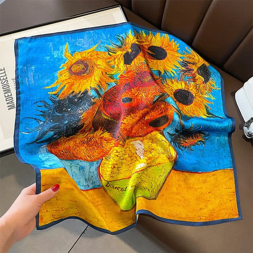 Foulard carré en soie femme 53x53 cm style van gogh orange et bleu