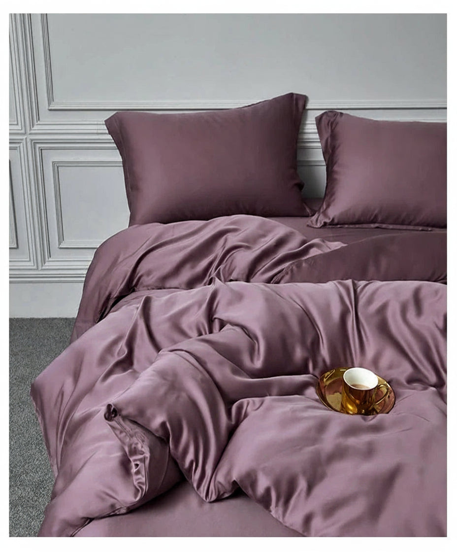 Parure de lit en soie de mûrier naturelle luxe violet prune