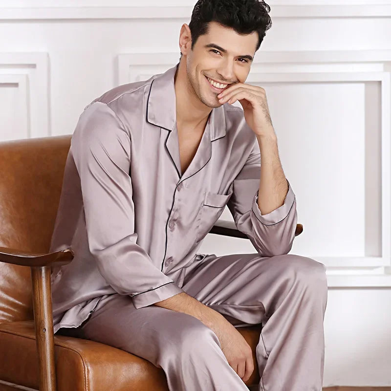 Pyjama homme en soie Mulberry manches longues ensemble deux pièces