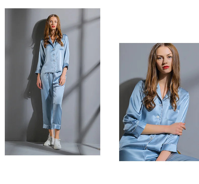 Pyjama soie femme détente maison chic bleu