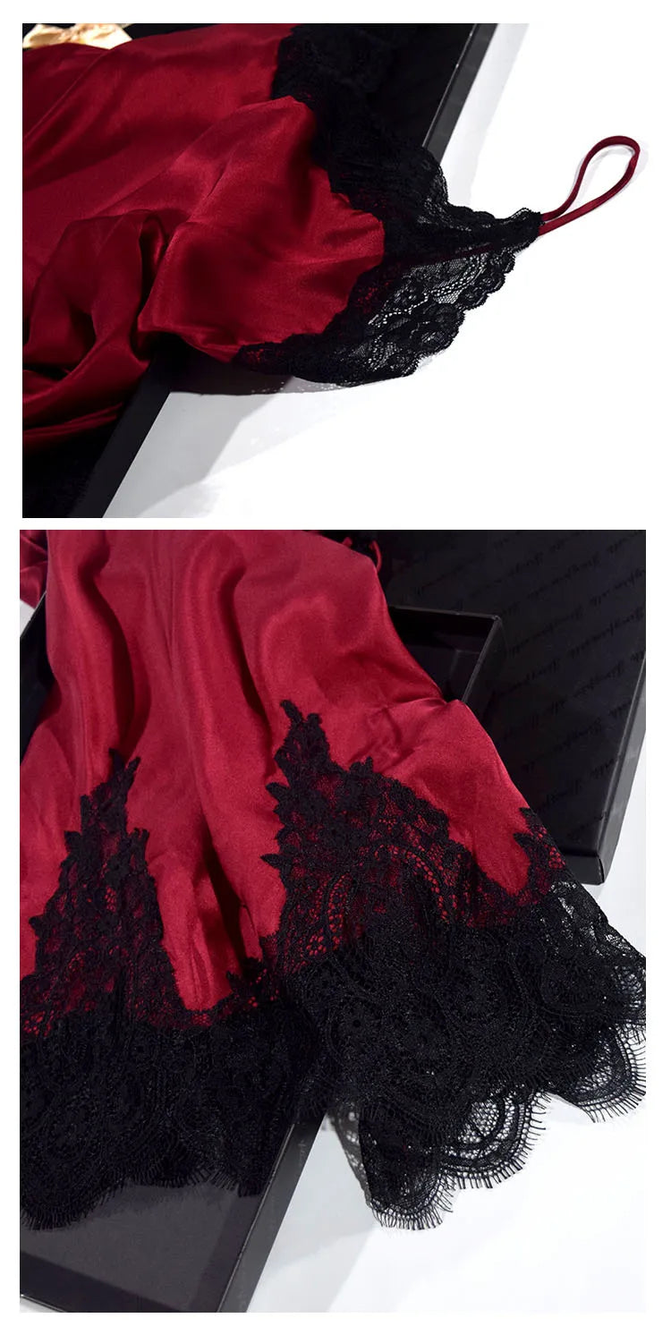 Kimono en soie 100% naturelle, confortable pour la détente à la maison. Parfait pour moments de relaxation ou pour une tenue d’intérieur chic. rouge et noir