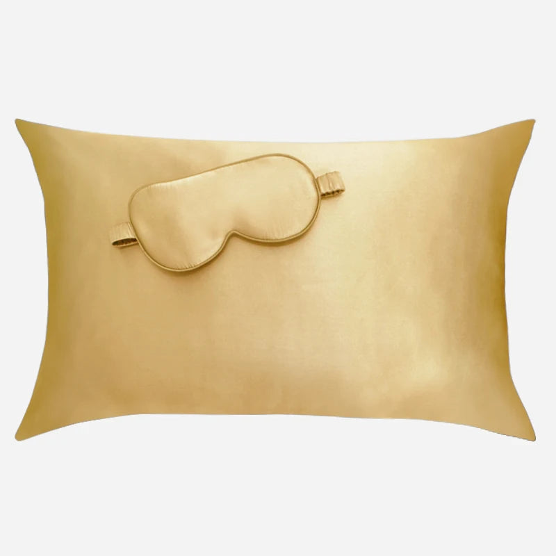 Taie d'oreiller en soie et marque de nuit assortie essence et soie couleur or jaune moutarde cadeau de noel cadeau femme cadeau homme