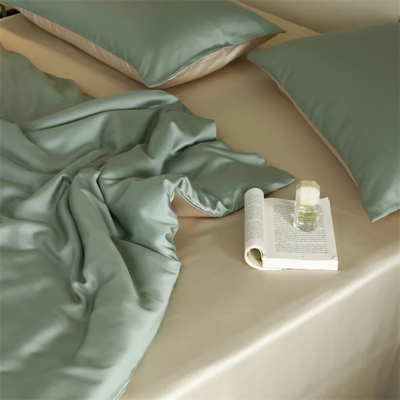 Taies d’oreiller en soie Essence et soie, bicolore, vert et beige, cadeau parfait bien-être et beauté