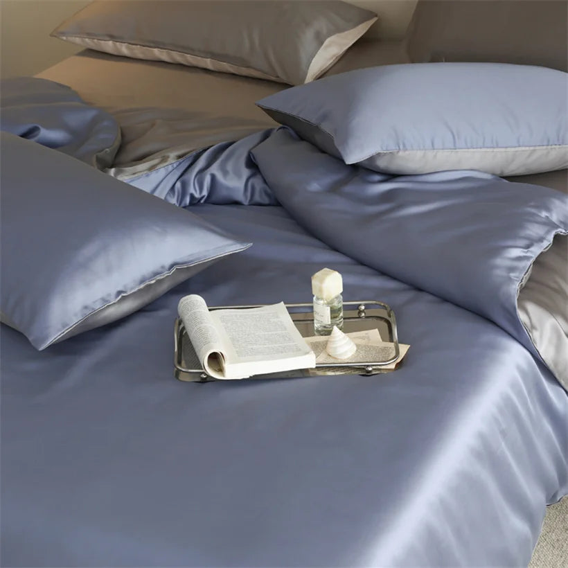 Taies d’oreiller en soie, bicolore, bleu et gris, essence et soie, finition couture soignée