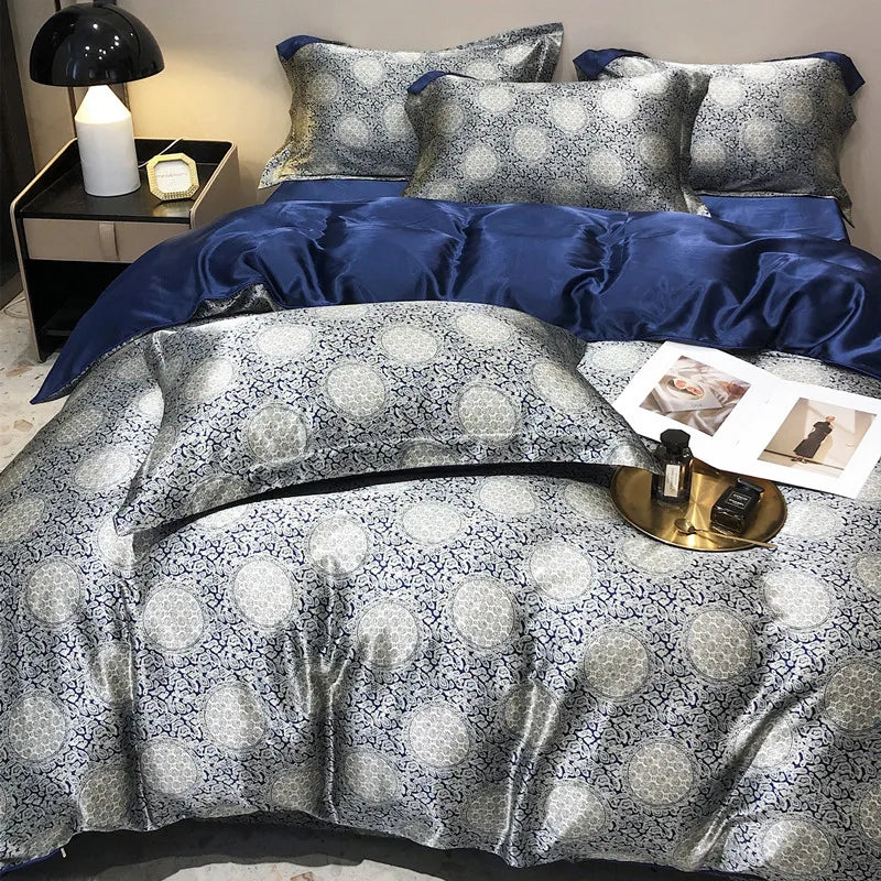 Parure de lit en soie de mûrier imprimée rouge & bleu – Luxe 800 TC, housse, drap & taies