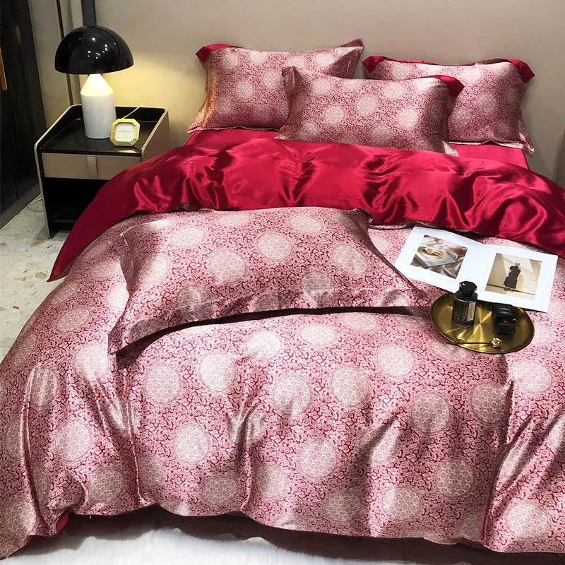 Parure de lit en soie de mûrier imprimée rouge & bleu – Luxe 800 TC, housse, drap & taies