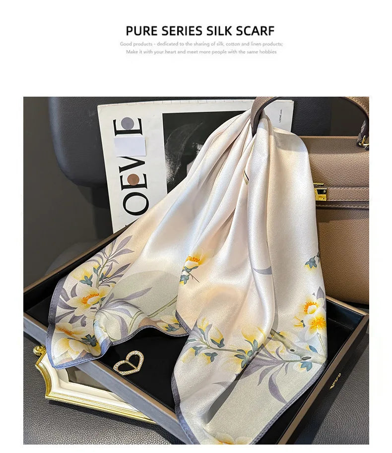 Foulard carré en soie véritable 65×65 cm – Écharpe imprimée femme, élégante et multifonction