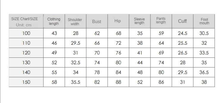 TABLEAU DES TAILLES PYJAMA ENFANT 