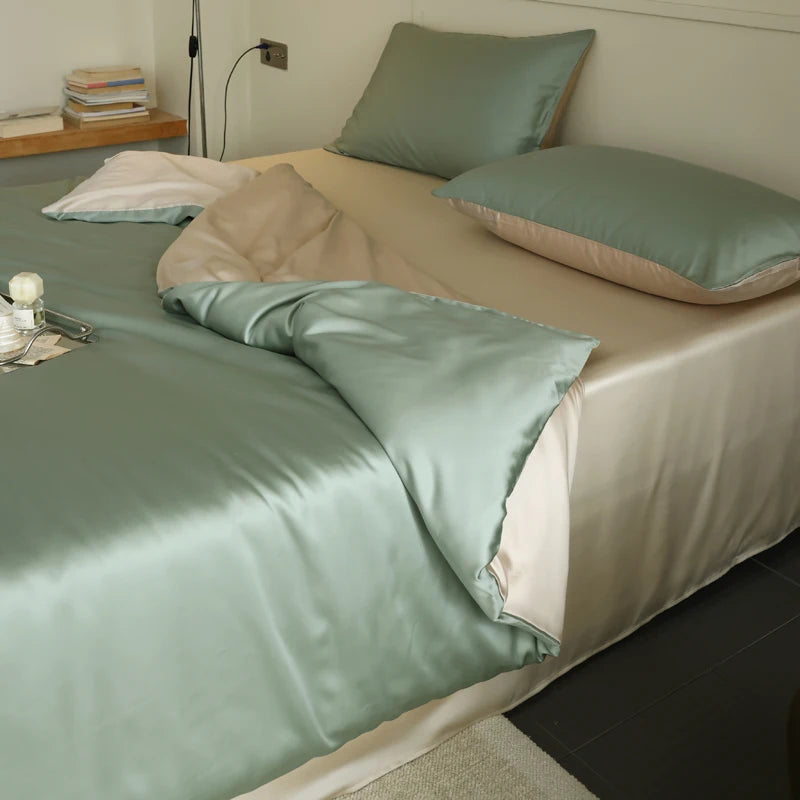 Taies vertes, soie naturelle pour soin cheveux et peau pendant sommeil