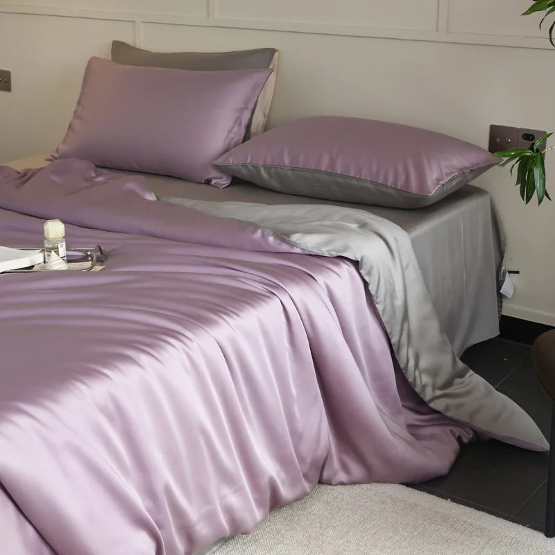 Linge de maison en soie naturelle pour une décoration de chambre luxueuse VIOLET ET GRIS