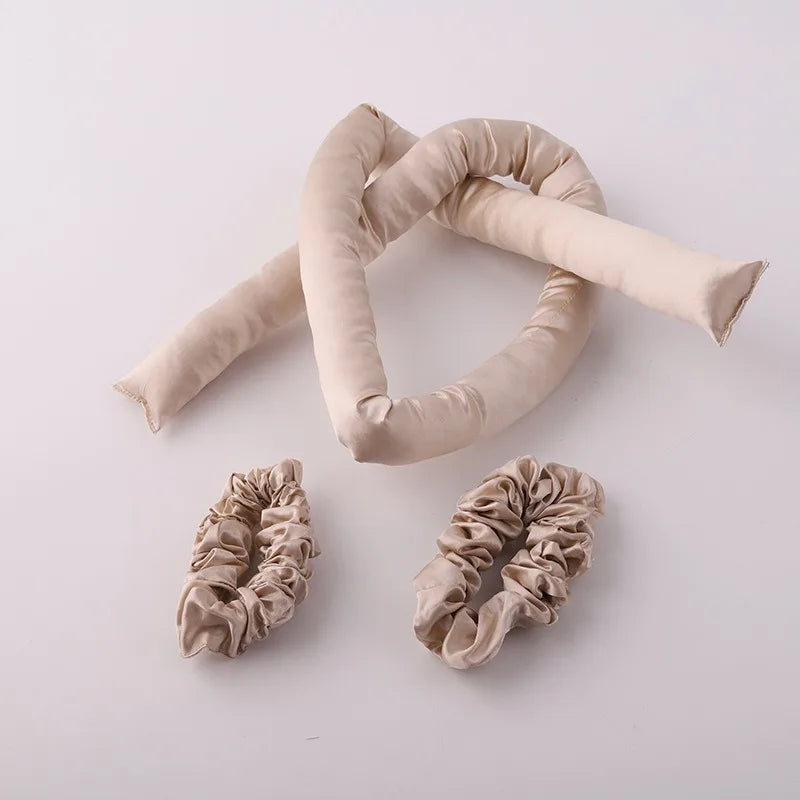 Set bigoudis sans chaleur en soie 22 Momme – bandeau + élastiques beige 