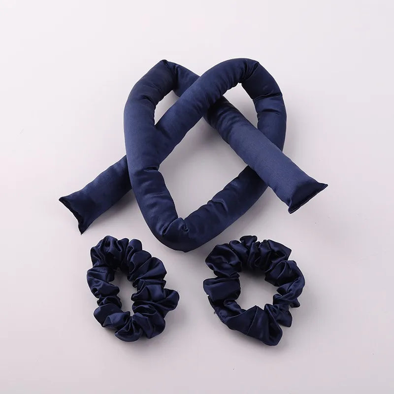 Set bigoudis sans chaleur en soie 22 Momme – bandeau + élastiques bleu marine 