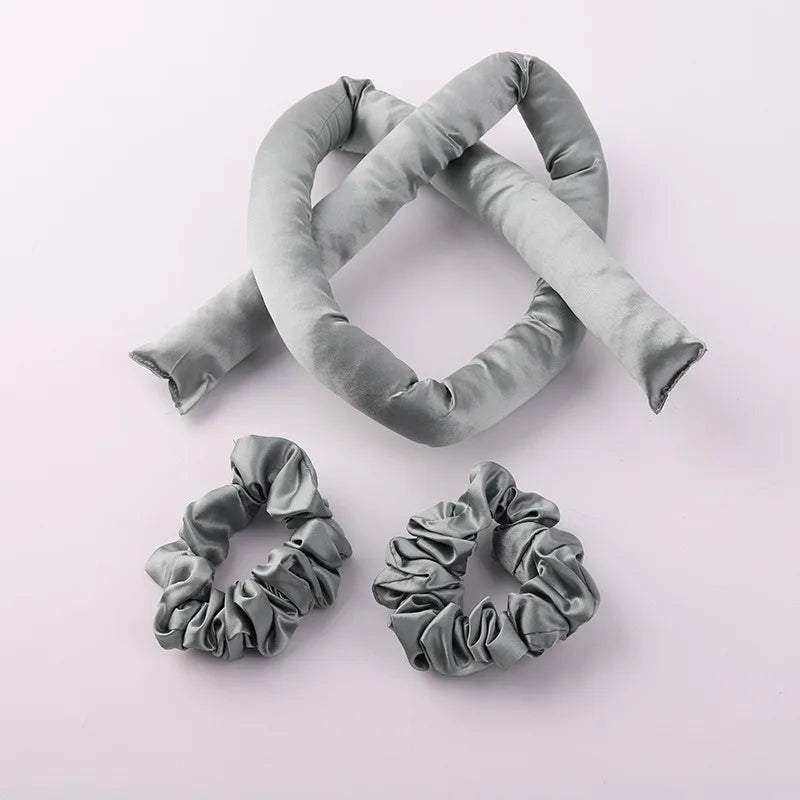 Set bigoudis sans chaleur en soie 22 Momme – bandeau + élastiques gris 