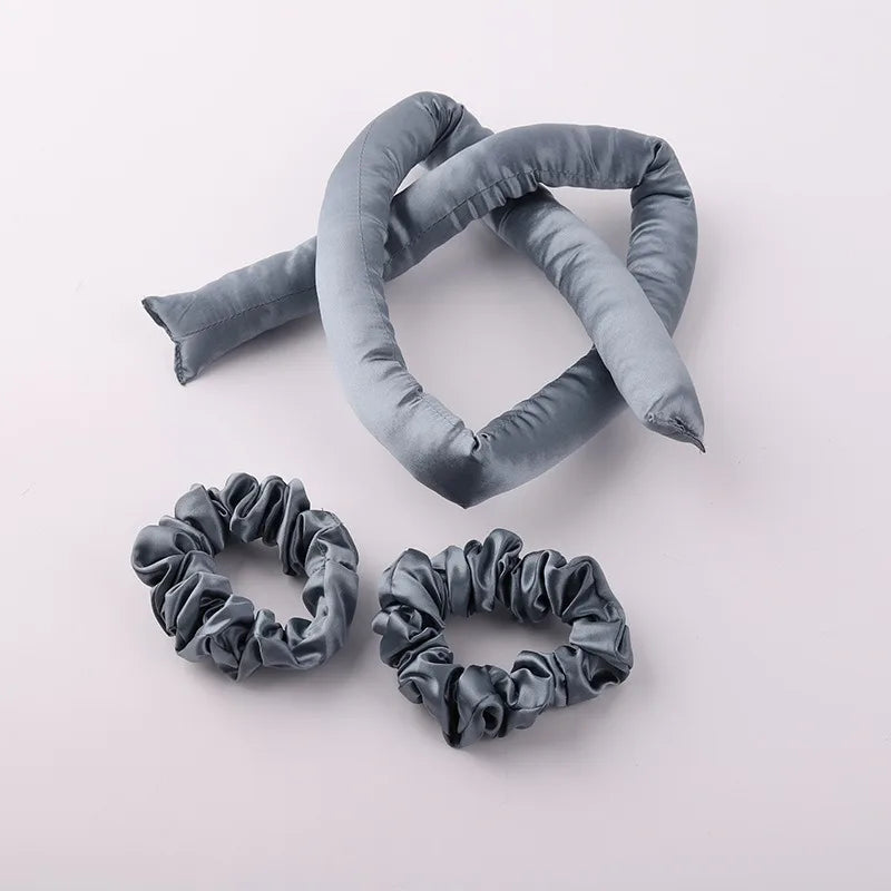 Set bigoudis sans chaleur en soie 22 Momme – bandeau + élastiques gris bleu