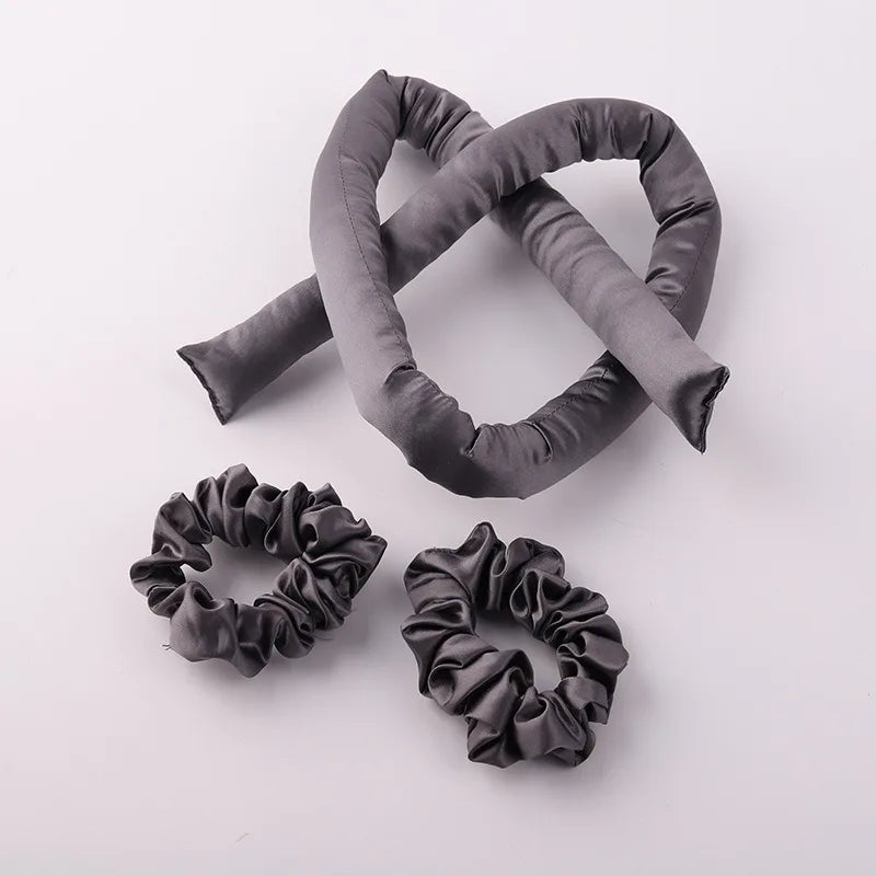 Set bigoudis sans chaleur en soie 22 Momme – bandeau + élastiques noir 