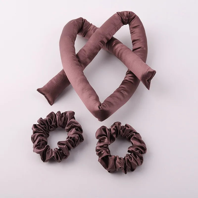 Set bigoudis sans chaleur en soie 22 Momme – bandeau + élastiques marron