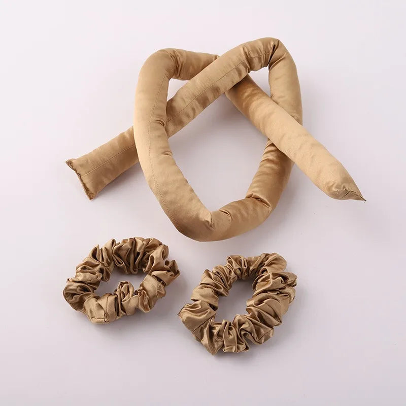 Set bigoudis sans chaleur en soie 22 Momme – bandeau + élastiques couleur caramel