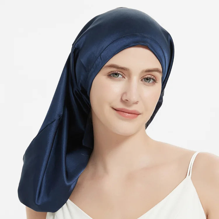 Bonnet de sommeil en soie  avec ajustement pour cheveux longs bleu