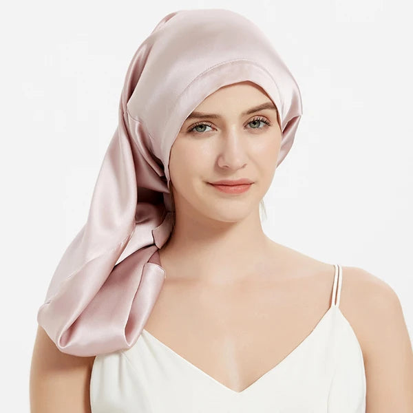 Bonnet de sommeil en soie  avec ajustement pour cheveux longs rose