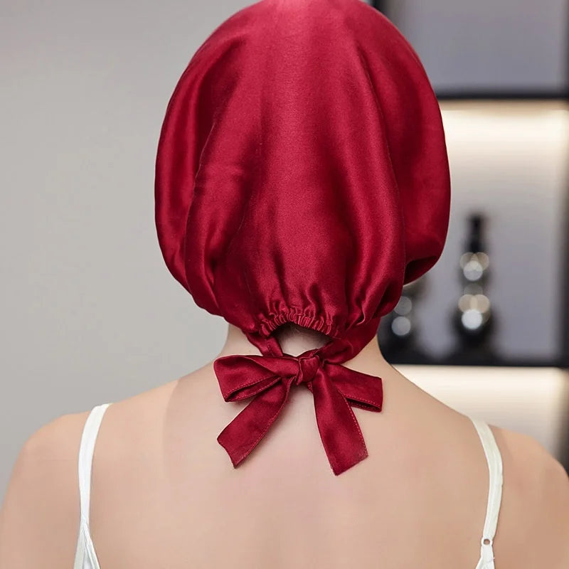 Bonnet de nuit en soie 16 Momme rouge avec rubans ajustables