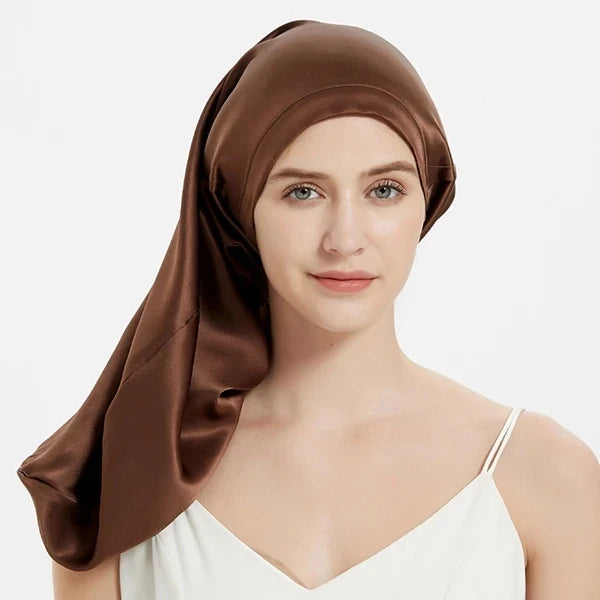 Bonnet de sommeil en soie  avec ajustement pour cheveux longs marron