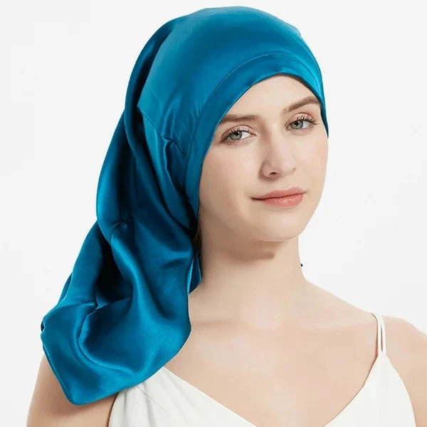 Bonnet de sommeil en soie  avec ajustement pour cheveux longs bleu