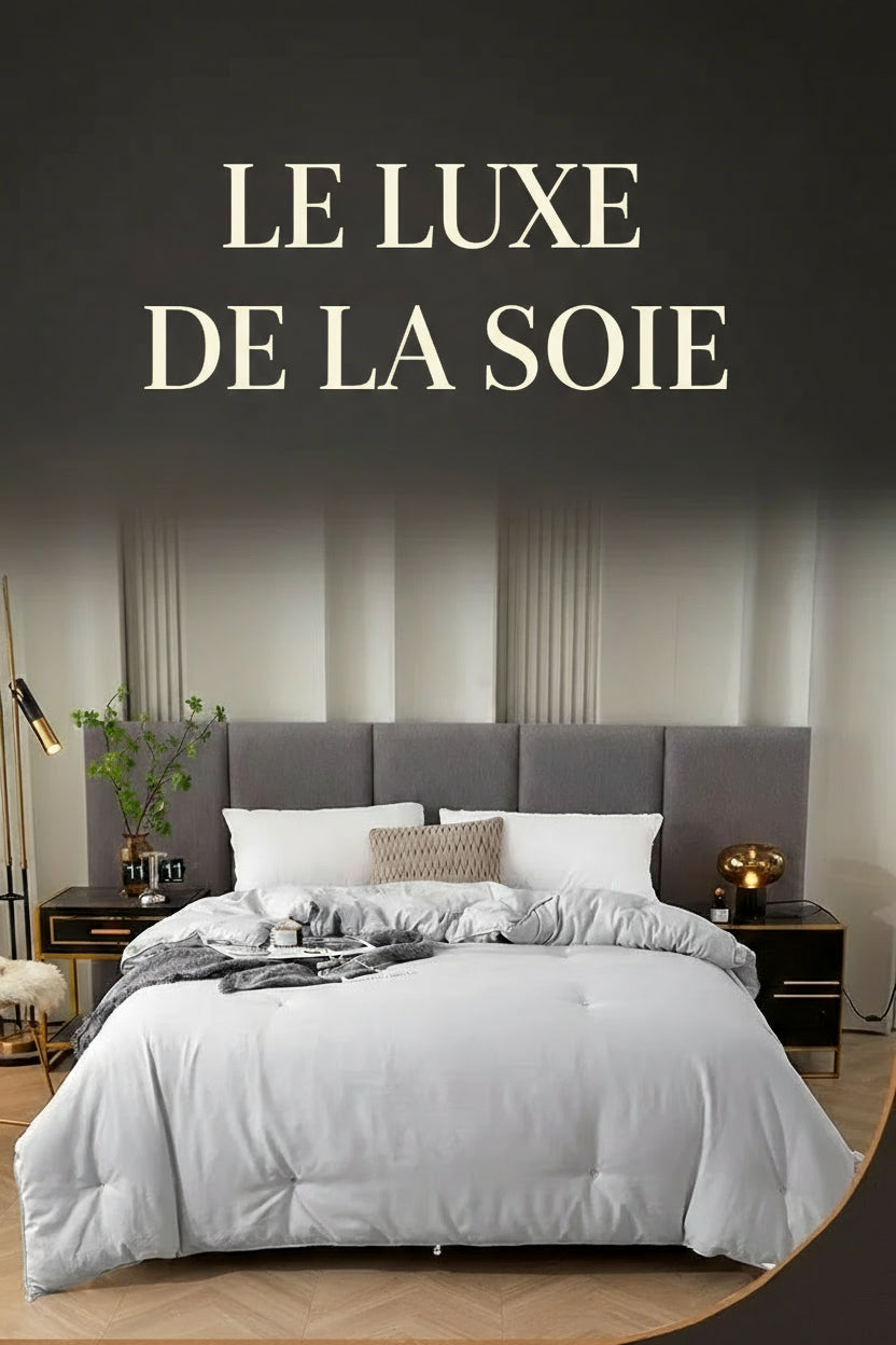 Chambre élégante avec couette en soie Tussah naturelle gris