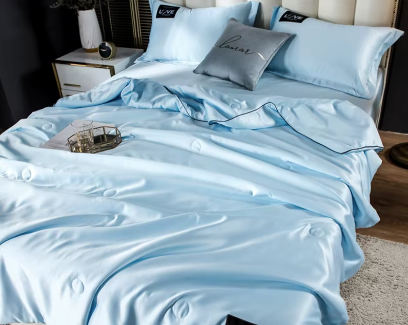 Chambre élégante avec couette d’été en soie de mûrier bleu 