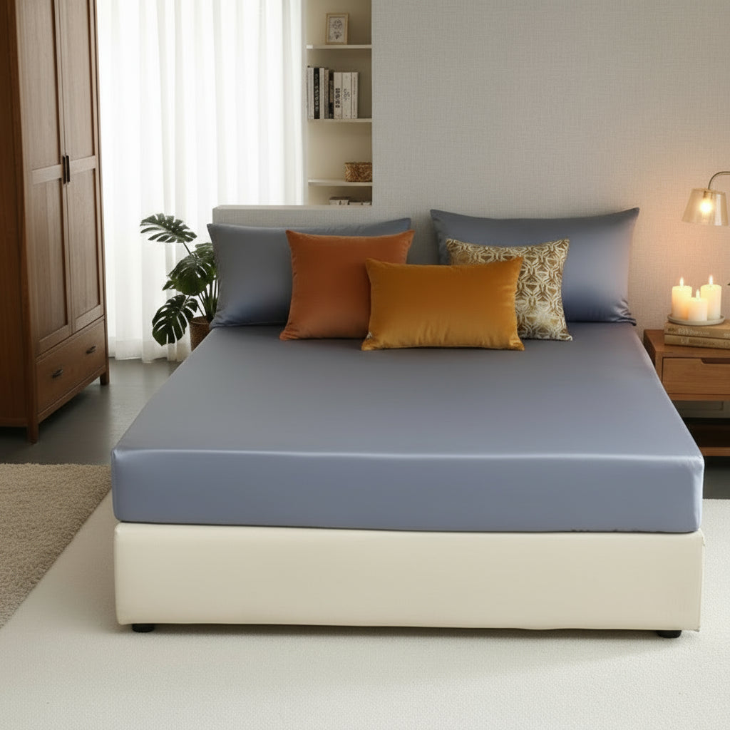 Décoration chambre avec drap housse en soie de mûrier BLEU 