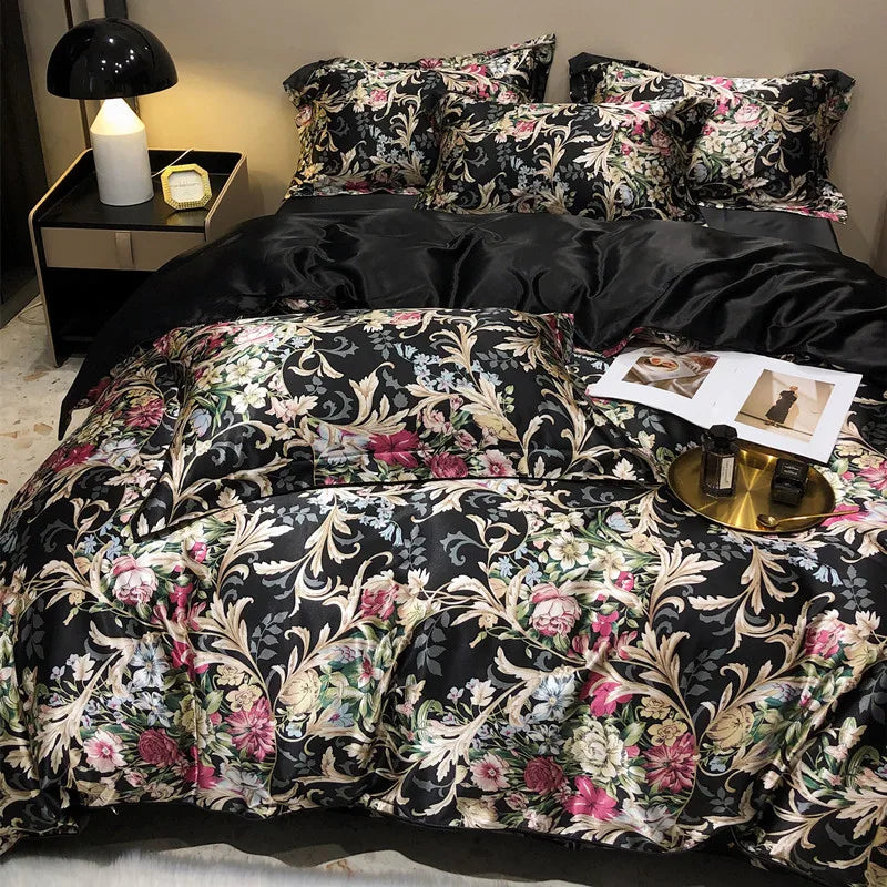 Design floral raffiné pour literie en soie de luxe noir