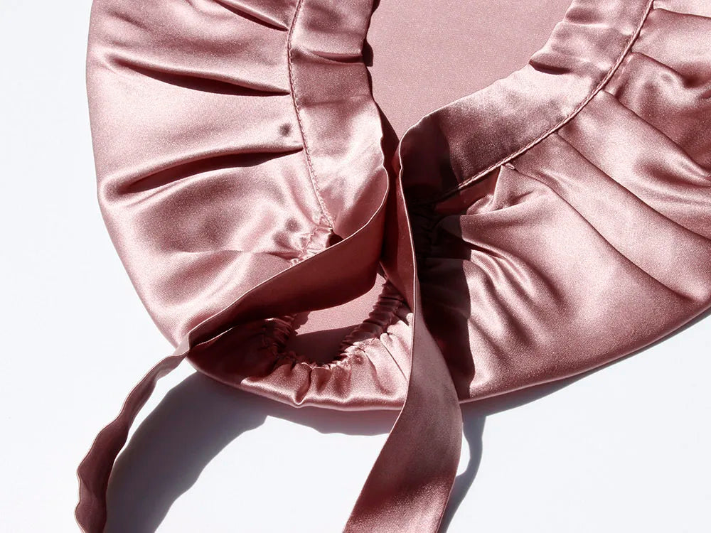 Bonnet de nuit en soie 16 Momme noir avec rubans ajustables