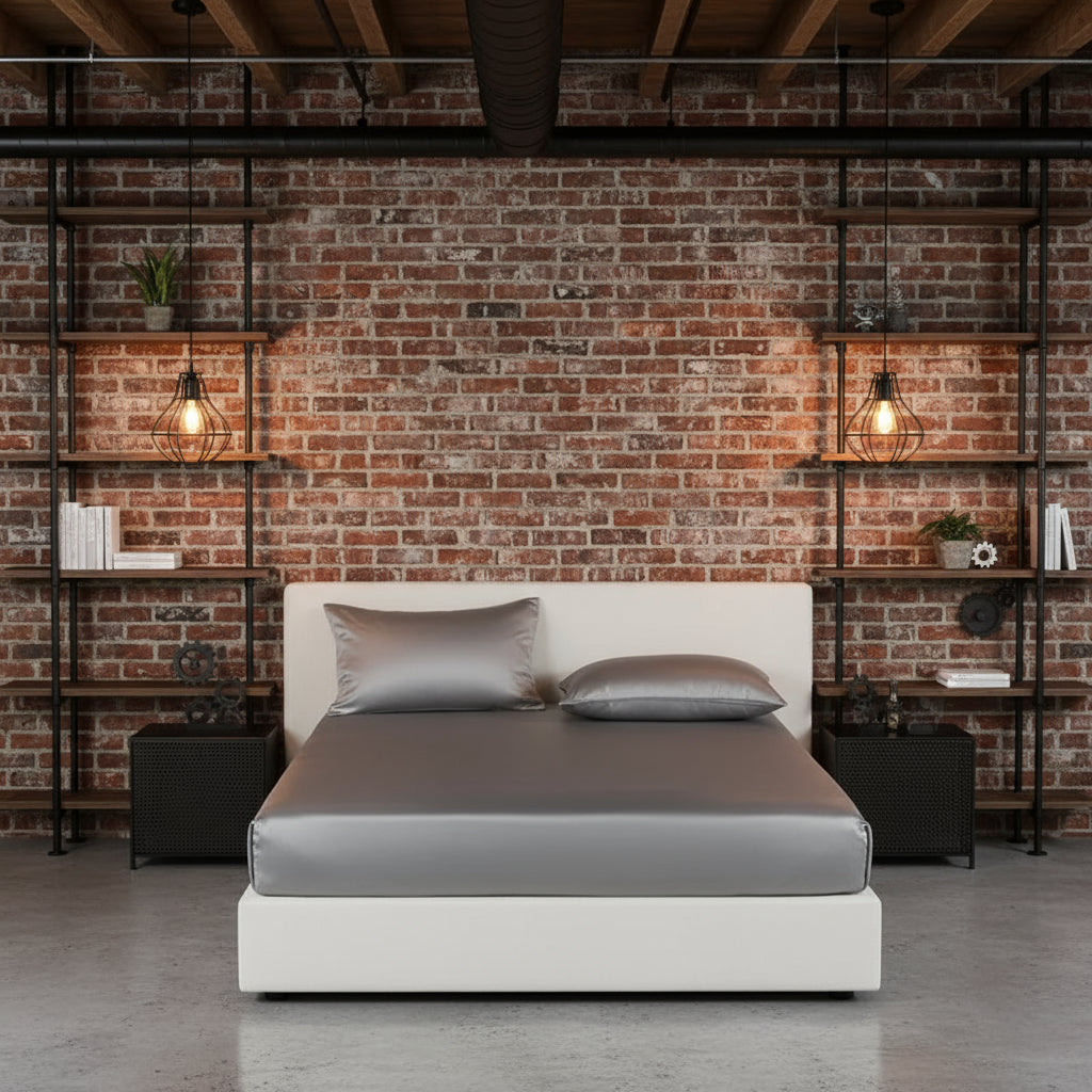 Drap housse en soie de mûrier taille Double GRIS 