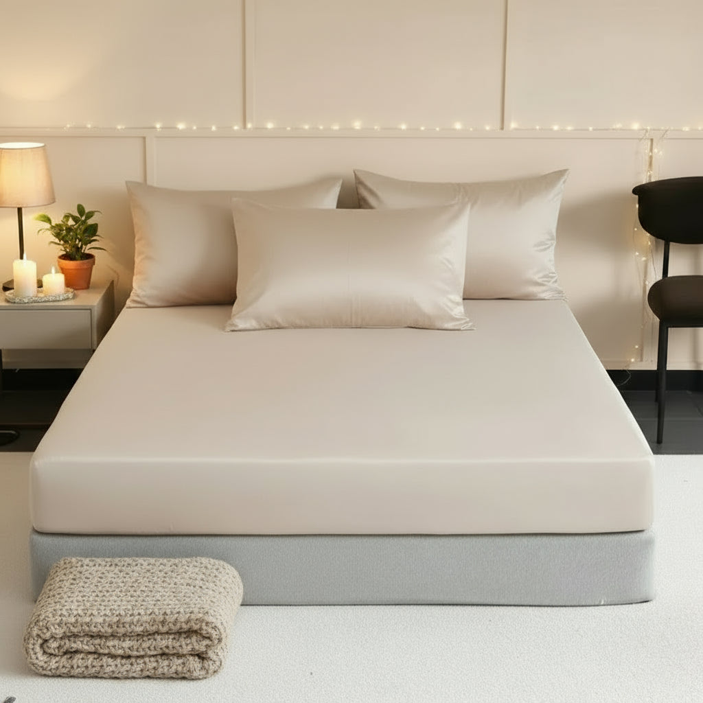 Drap housse en soie de mûrier taille King BEIGE