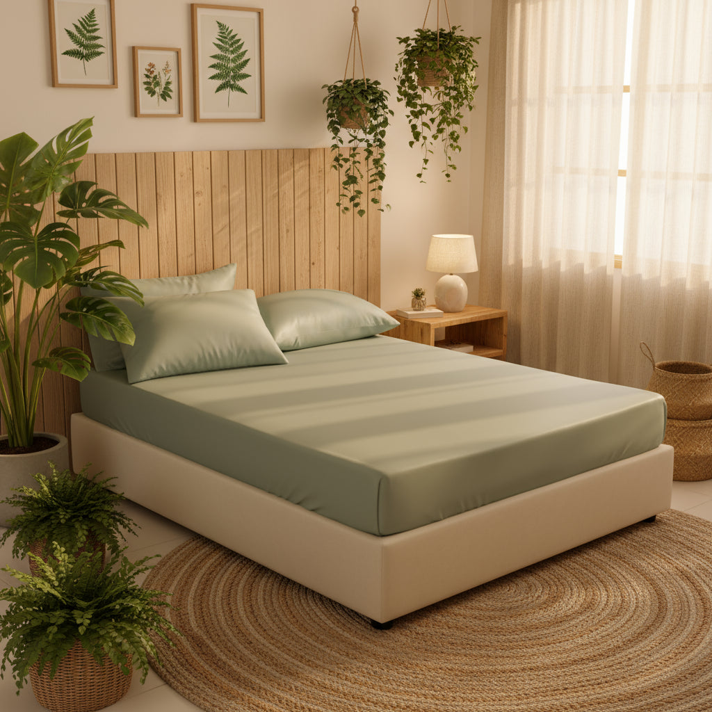 Drap housse en soie de mûrier naturelle luxe avec élastiques VERT