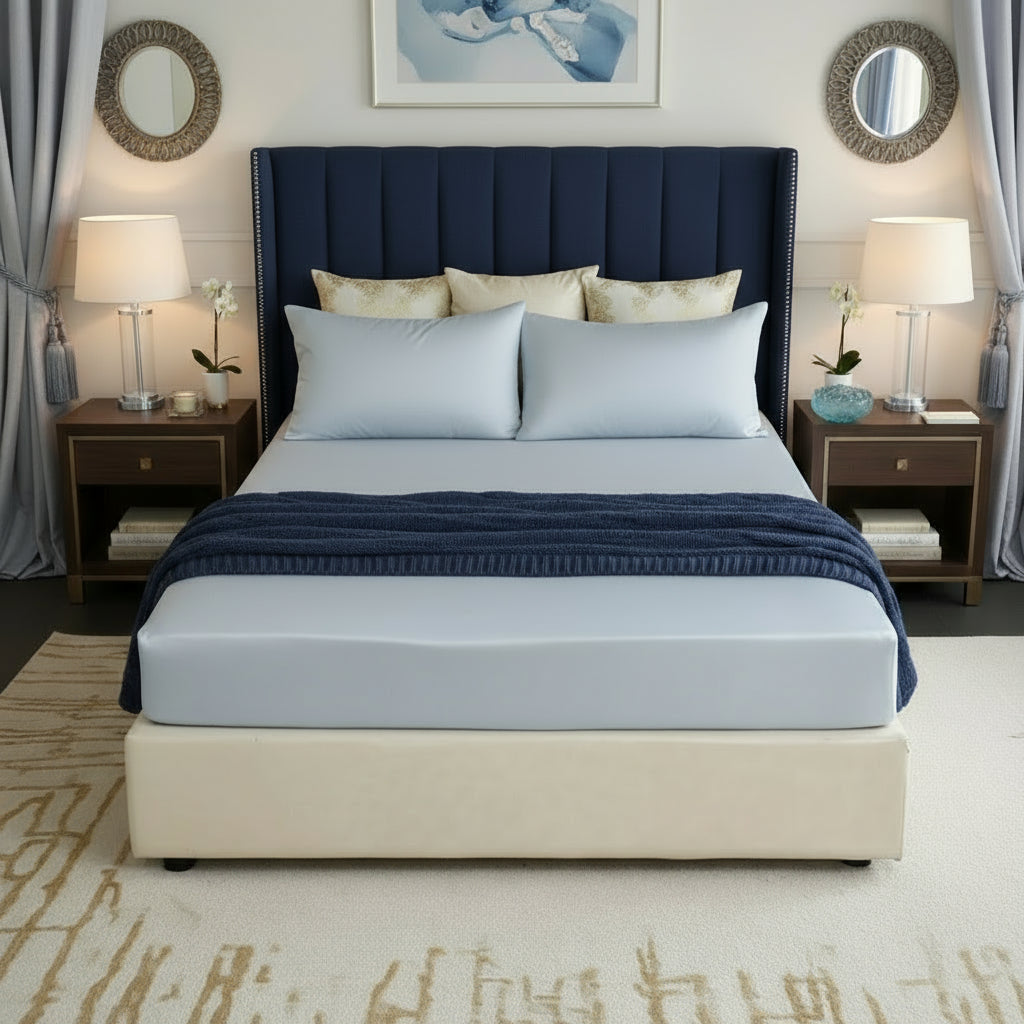 Drap housse en soie de mûrier taille Single BLEU