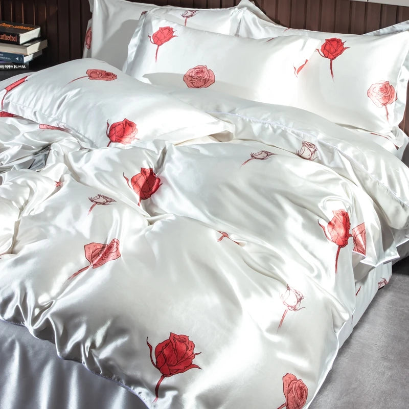 Drap plat en soie de mûrier imprimé motif romantique BLANC