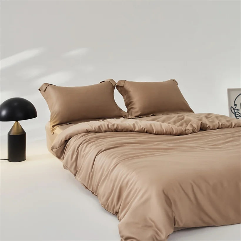 Ensemble housse de couette soie 3 pièces marron