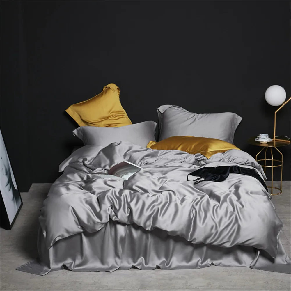Ensemble de lit complet en soie naturelle avec housse de couette et taies GRIS 