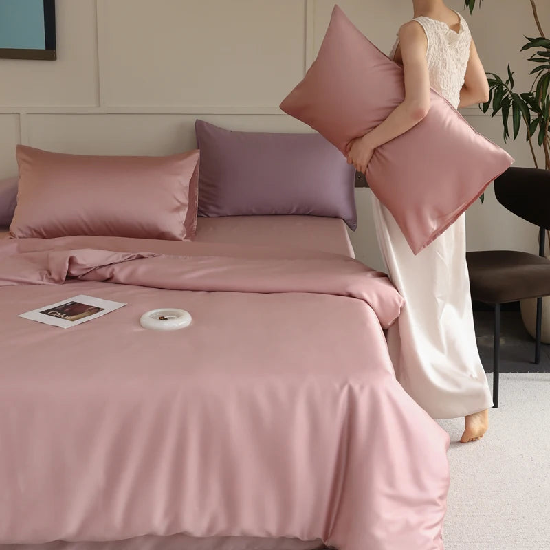 Ensemble de lit complet en soie naturelle avec housse de couette et taies rose